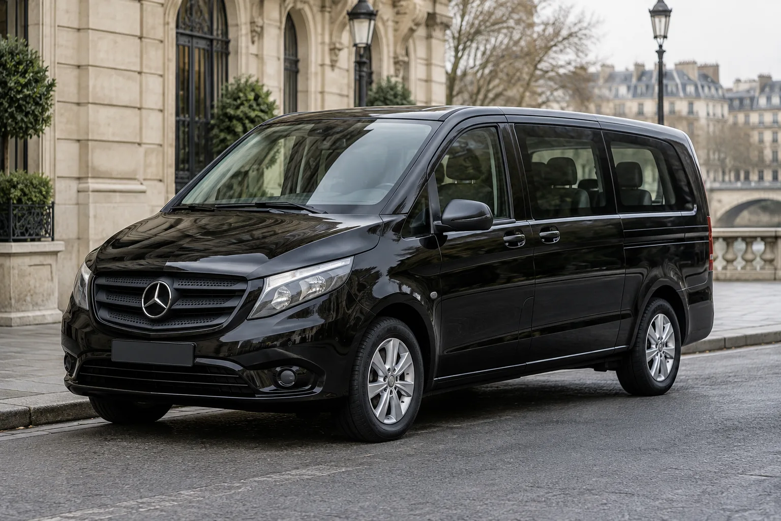 Black Mercedes Vito Tourer-style nine-seat van