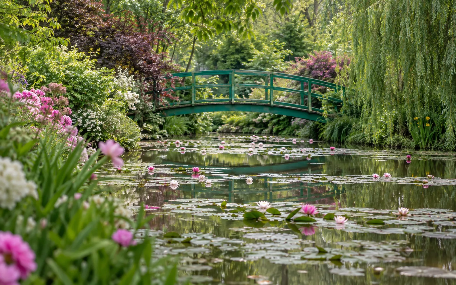 Water-lily pond and green Japanese bridge in Monet's garden at Giverny