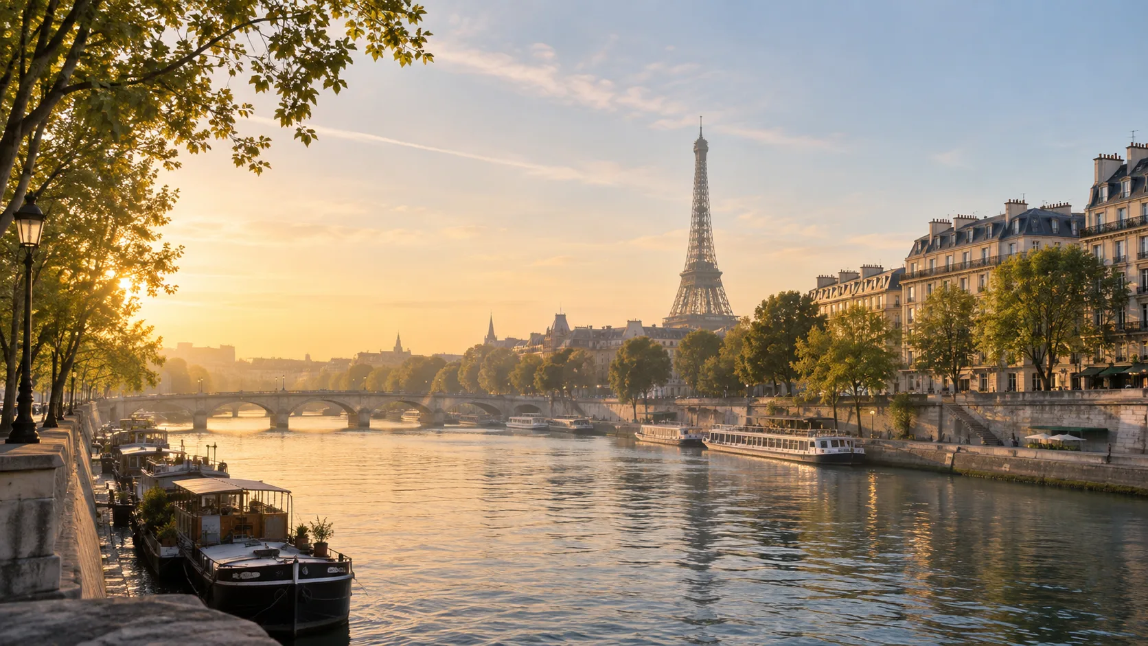 Illustrated sunrise view over the Seine and the Eiffel Tower