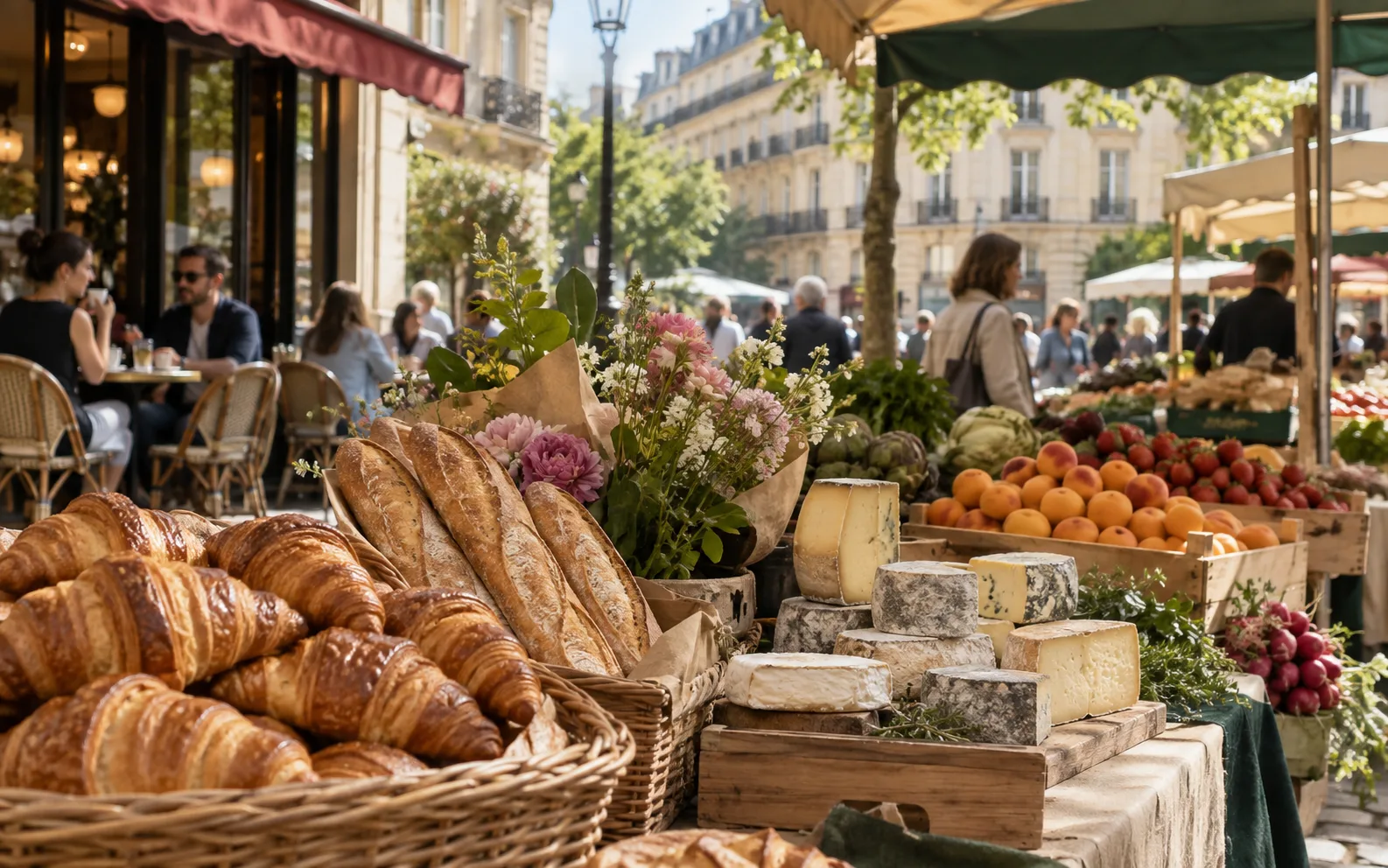 Parisian market with croissants, bread, cheese, flowers and seasonal produce