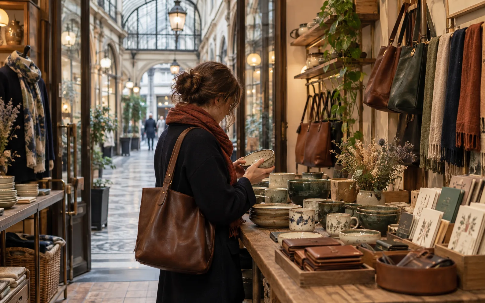 Traveler browsing ceramics and handcrafted goods in a Parisian covered passage