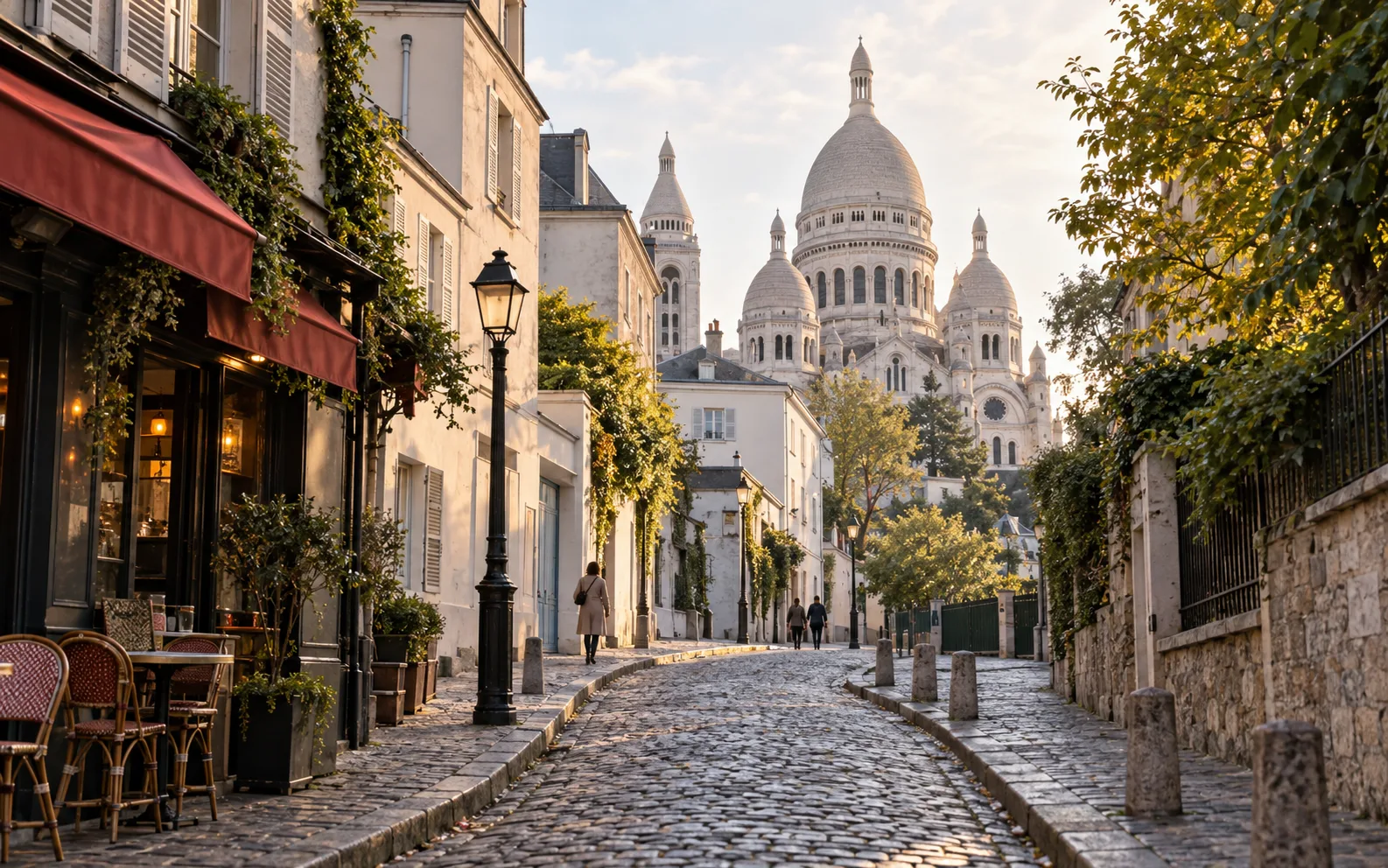 A cobbled Montmartre street leading toward Sacré-Cœur