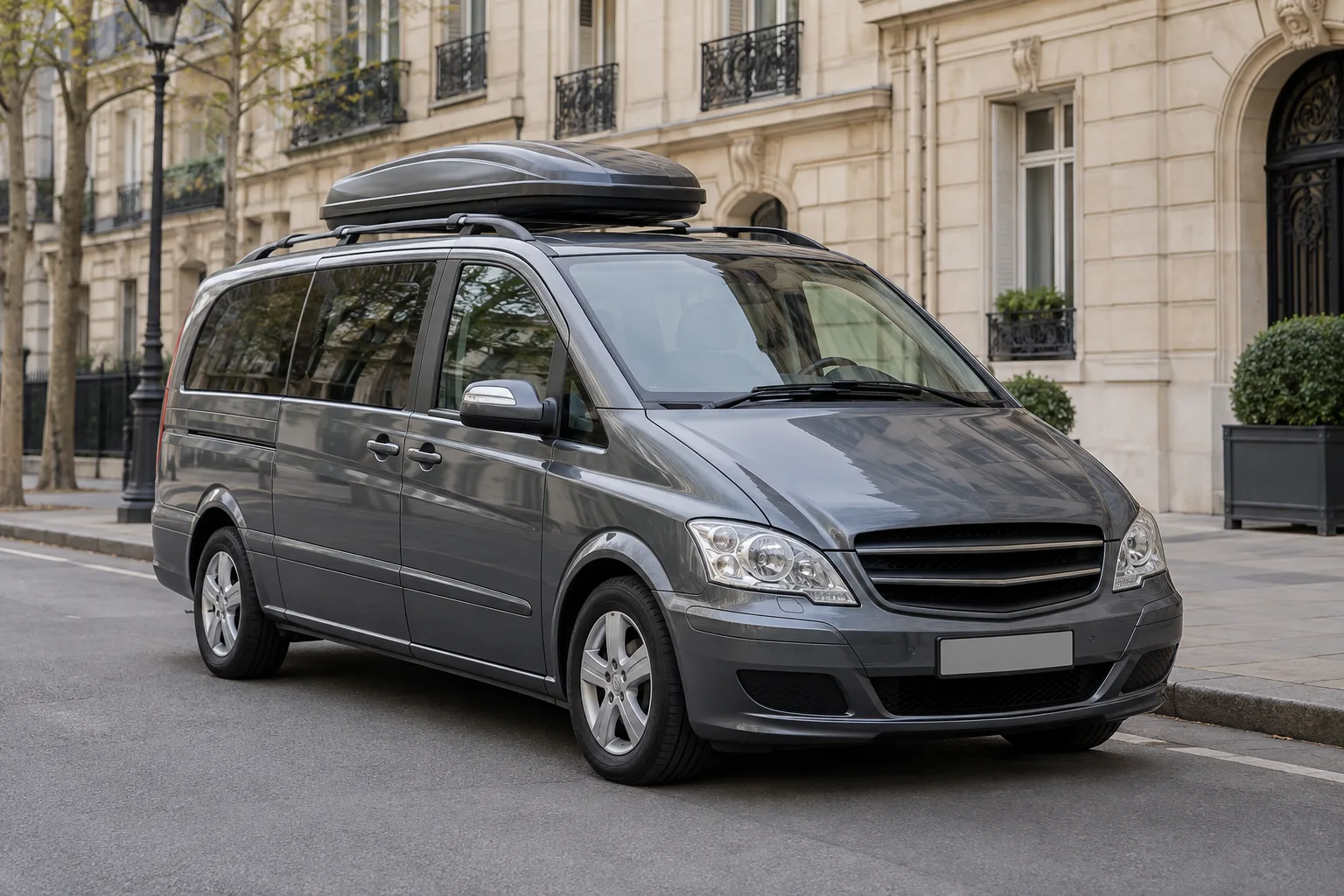 Grey Mercedes Viano-style van with roof box